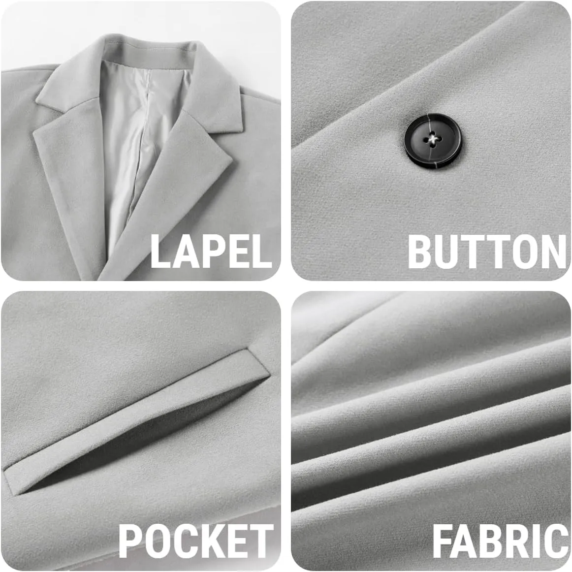 PASLTER Mens Trench Coat Slim Fit Notched Collar Fall Winter Single Breasted Pea Coat Warm Soft Overcoat