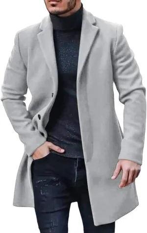 PASLTER Mens Trench Coat Slim Fit Notched Collar Fall Winter Single Breasted Pea Coat Warm Soft Overcoat