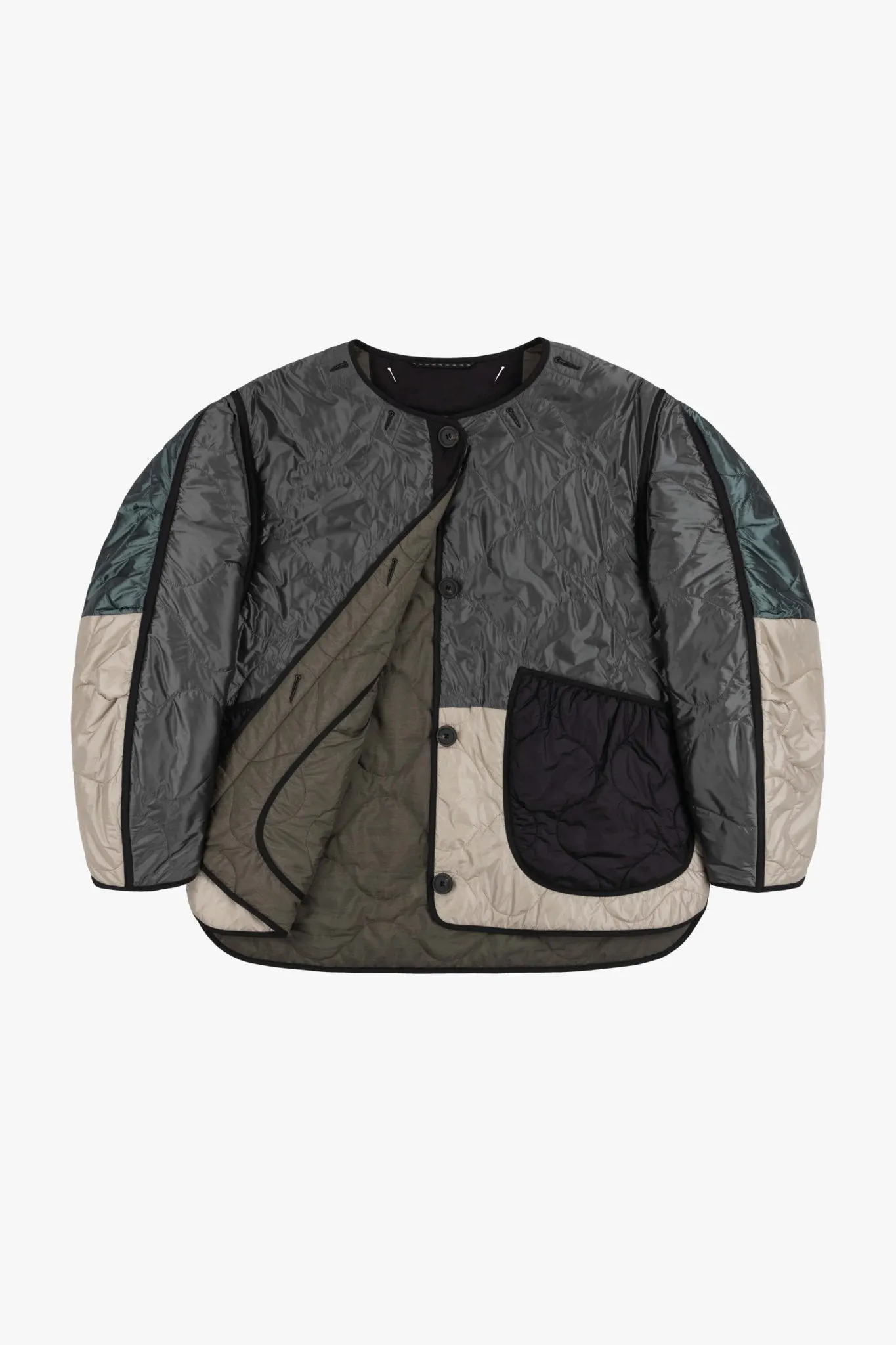 Patchwork Cropped Quilt Jacket - Anthracite & Mineral Green / Dark Olive