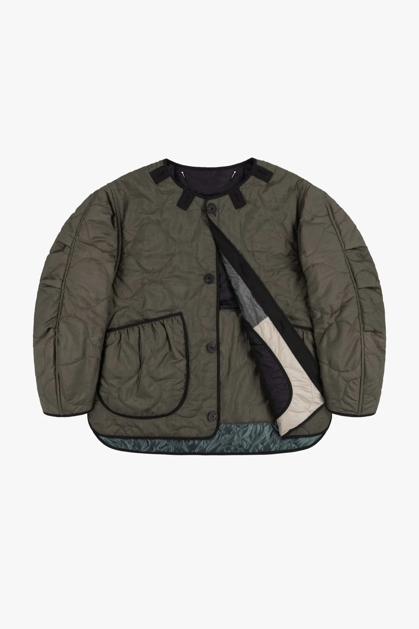 Patchwork Cropped Quilt Jacket - Anthracite & Mineral Green / Dark Olive