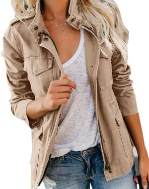 Pepochic Womens Military Jacket Zip Up Snap Buttons Lightweight Utility Anorak Field Safari Coat Outwear