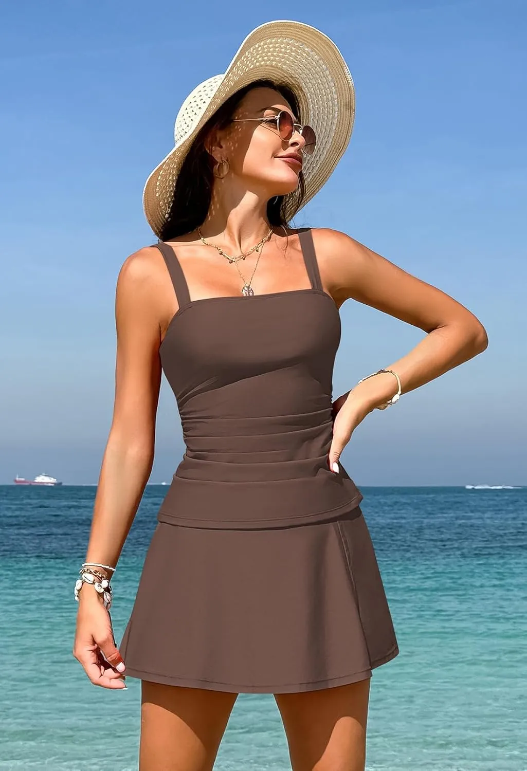 Pink Queen Women Tummy Control Two Piece Tankini Swimsuits with Skirt Vintage High Waisted Bathing Suits Push Up Swimdress
