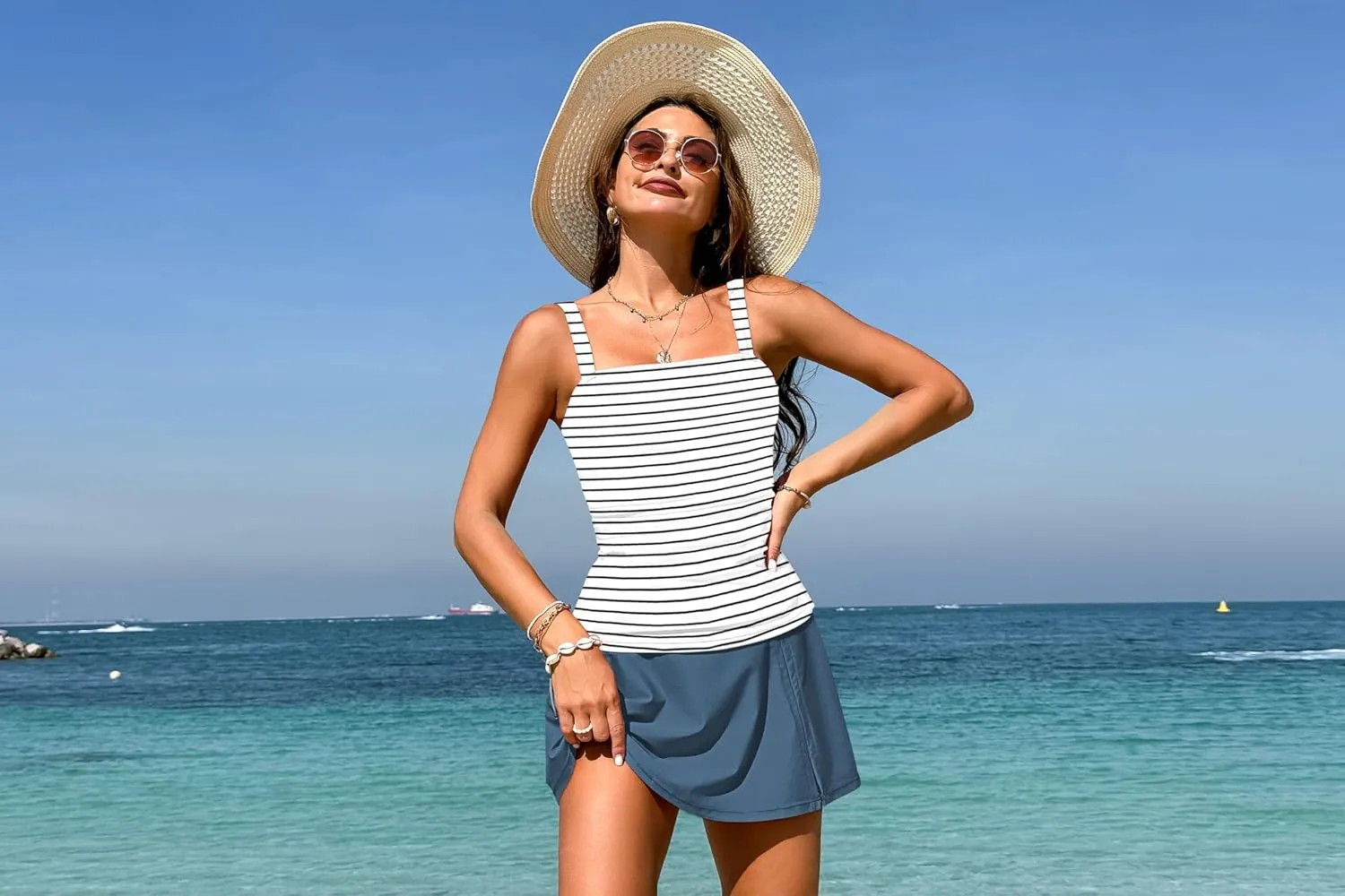 Pink Queen Women Tummy Control Two Piece Tankini Swimsuits with Skirt Vintage High Waisted Bathing Suits Push Up Swimdress