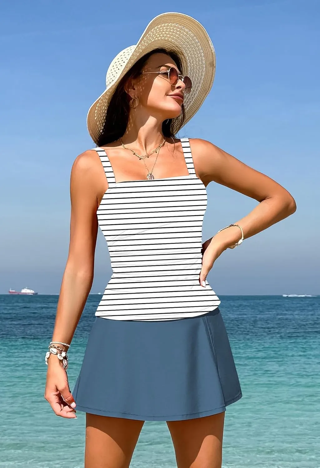 Pink Queen Women Tummy Control Two Piece Tankini Swimsuits with Skirt Vintage High Waisted Bathing Suits Push Up Swimdress