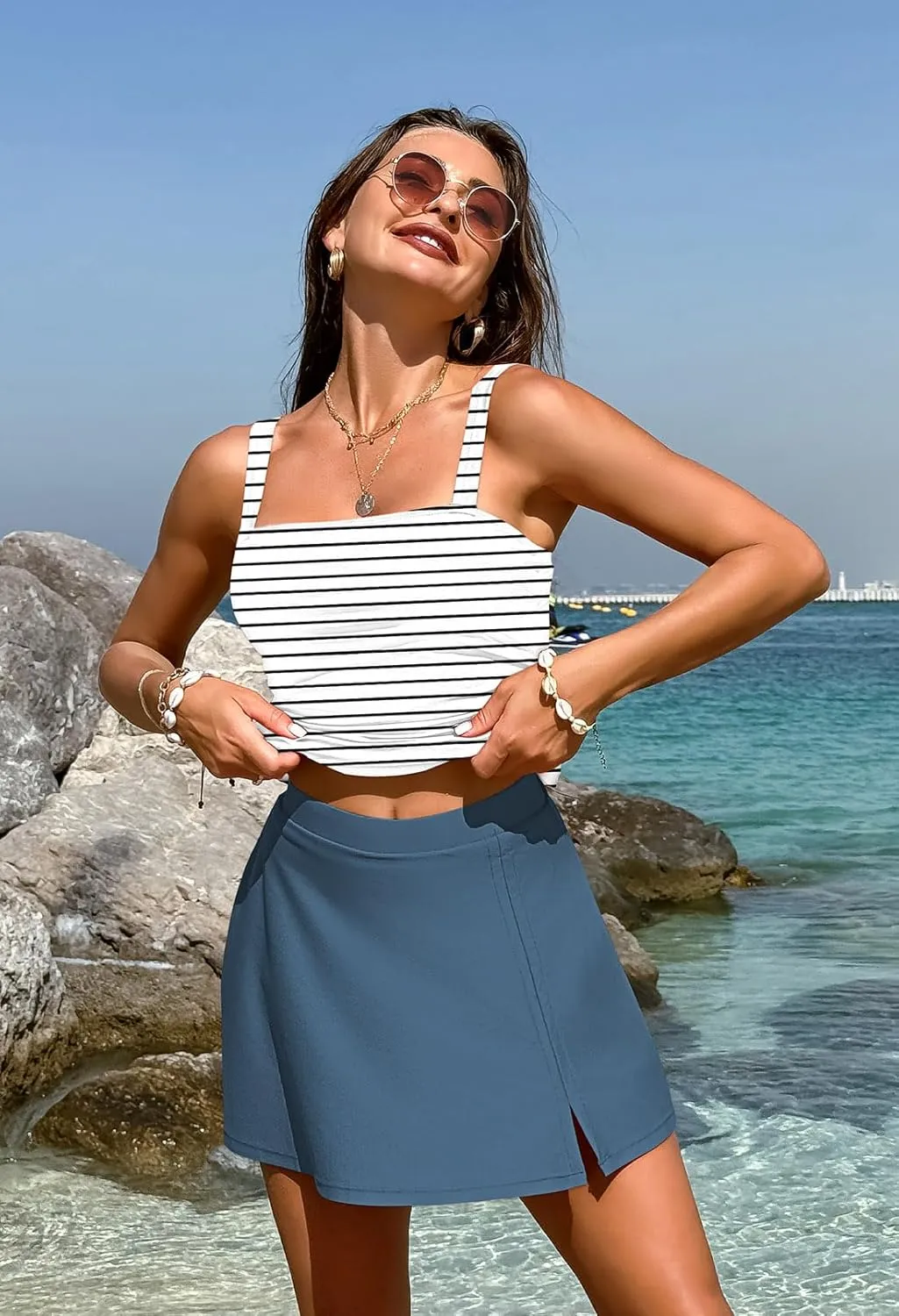 Pink Queen Women Tummy Control Two Piece Tankini Swimsuits with Skirt Vintage High Waisted Bathing Suits Push Up Swimdress