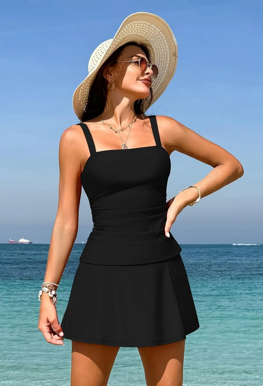 Pink Queen Women Tummy Control Two Piece Tankini Swimsuits with Skirt Vintage High Waisted Bathing Suits Push Up Swimdress
