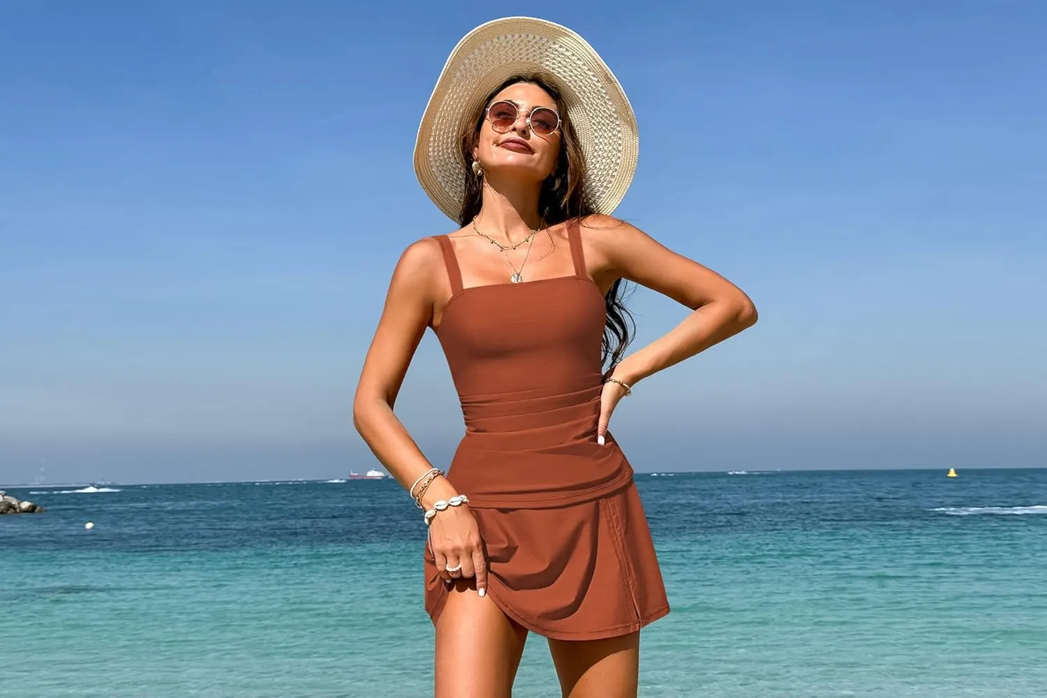 Pink Queen Women Tummy Control Two Piece Tankini Swimsuits with Skirt Vintage High Waisted Bathing Suits Push Up Swimdress