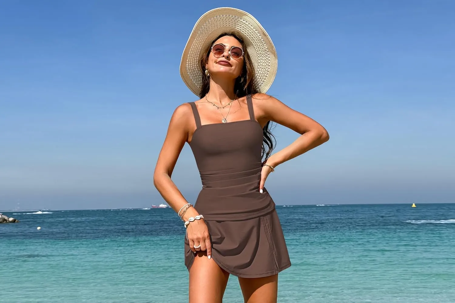 Pink Queen Women Tummy Control Two Piece Tankini Swimsuits with Skirt Vintage High Waisted Bathing Suits Push Up Swimdress