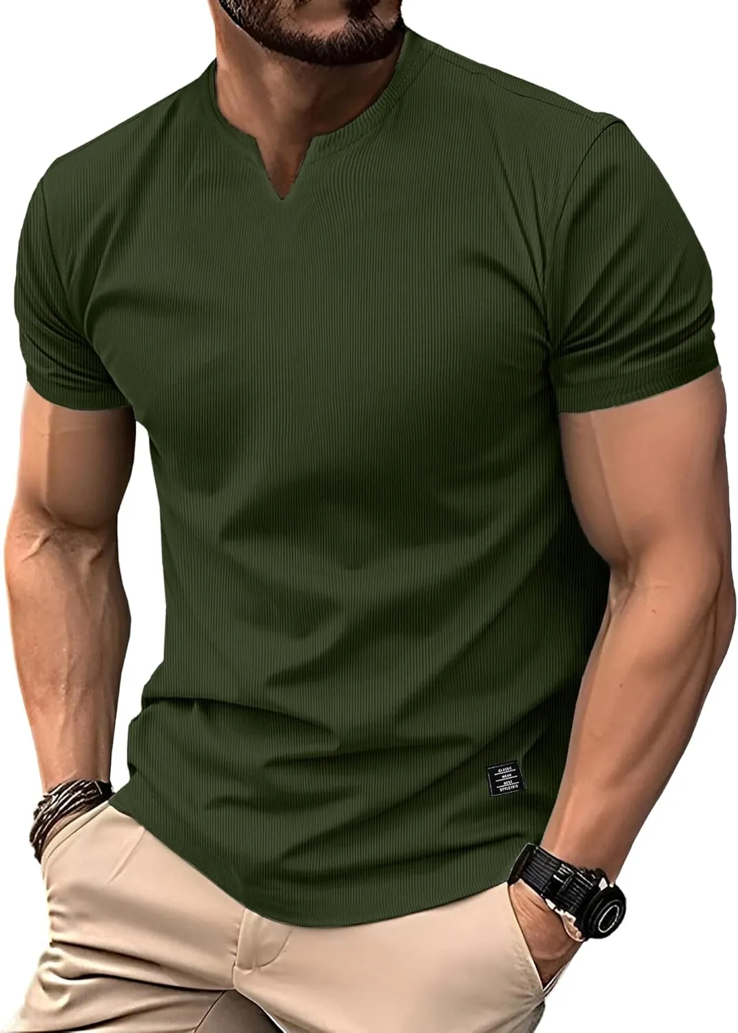 PLEPAN Mens Muscle T Shirts V Neck Short Sleeve Henley Shirt Hipster Longline Gym Workout Athletic Tee Shirts