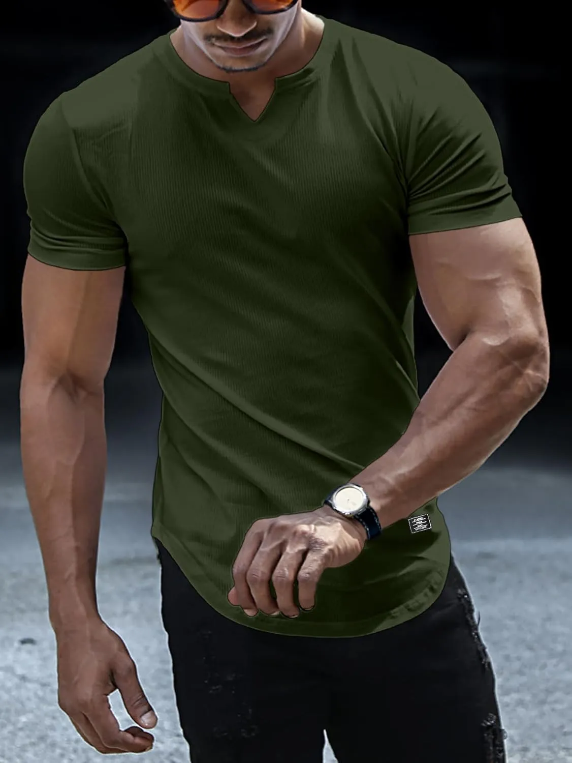 PLEPAN Mens Muscle T Shirts V Neck Short Sleeve Henley Shirt Hipster Longline Gym Workout Athletic Tee Shirts