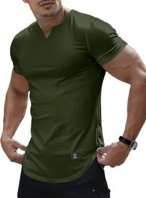 PLEPAN Mens Muscle T Shirts V Neck Short Sleeve Henley Shirt Hipster Longline Gym Workout Athletic Tee Shirts