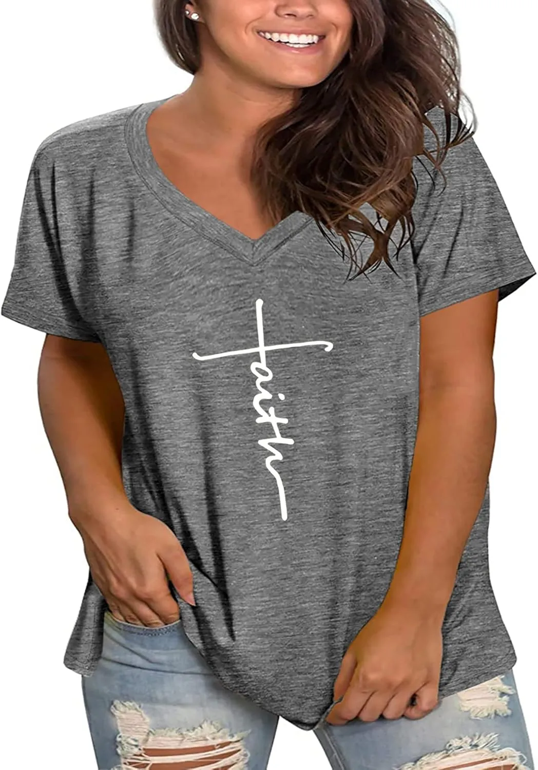 Plus Size Faith Shirts Womens V Neck Tshirt Graphic Tees Christian Short Sleeve Summer Tops