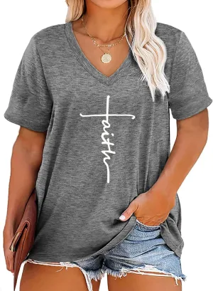 Plus Size Faith Shirts Womens V Neck Tshirt Graphic Tees Christian Short Sleeve Summer Tops