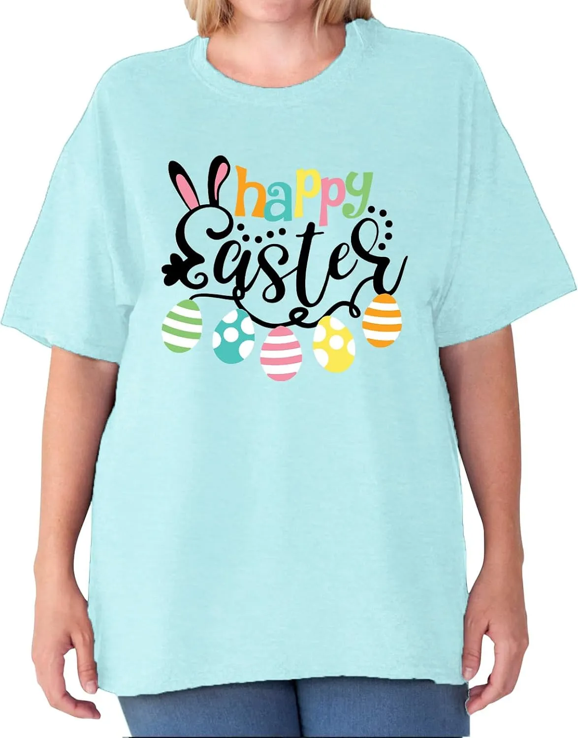 Plus Size Happy Easter Shirt for Women Funny Bunny Rabbit T Shirt Easter Holiday Tops Short Sleeve Tees