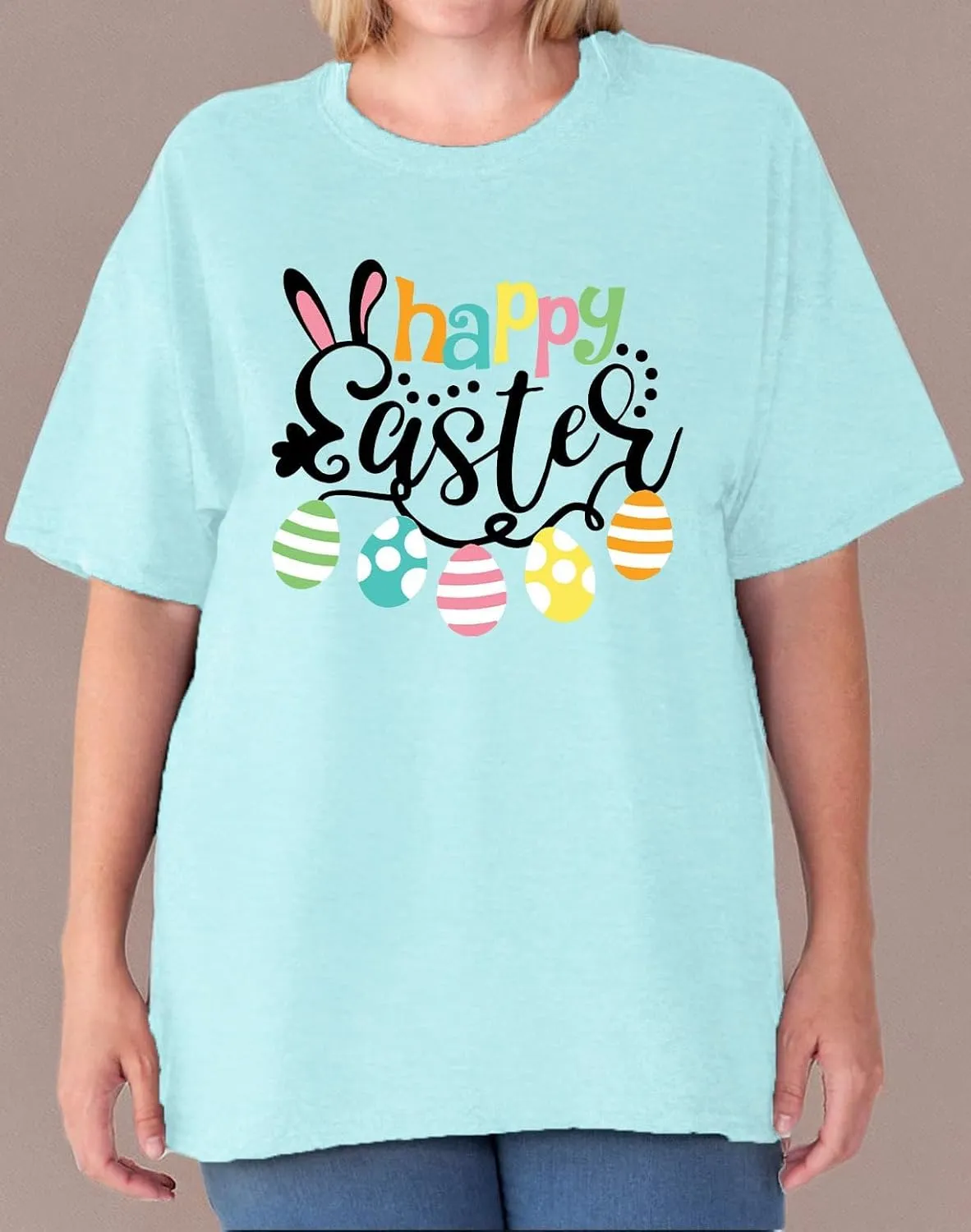 Plus Size Happy Easter Shirt for Women Funny Bunny Rabbit T Shirt Easter Holiday Tops Short Sleeve Tees