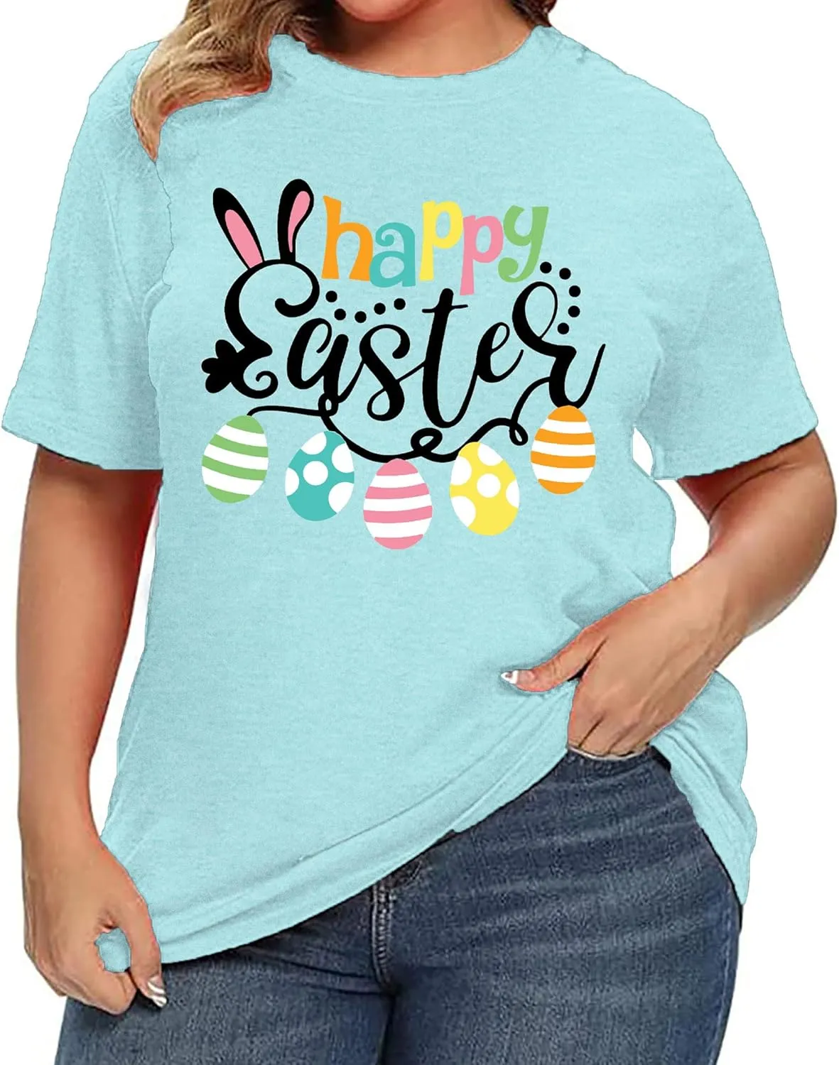 Plus Size Happy Easter Shirt for Women Funny Bunny Rabbit T Shirt Easter Holiday Tops Short Sleeve Tees