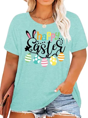 Plus Size Happy Easter Shirt for Women Funny Bunny Rabbit T Shirt Easter Holiday Tops Short Sleeve Tees