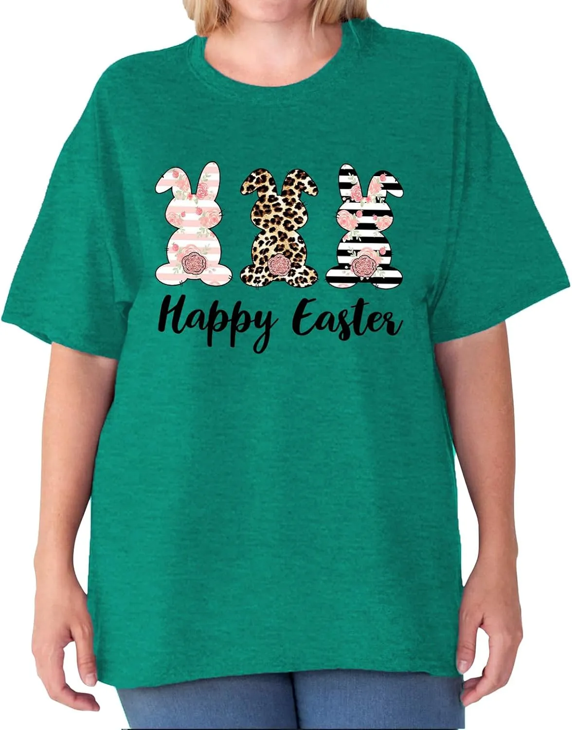 Plus Size Happy Easter Shirt for Women Funny Bunny Rabbit T Shirt Easter Holiday Tops Short Sleeve Tees