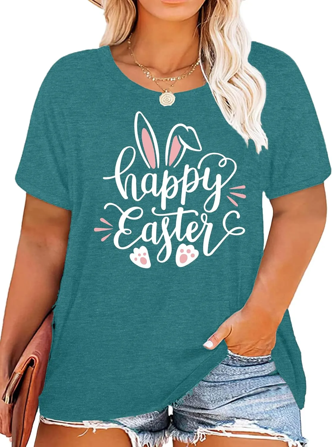 Plus Size Happy Easter Shirt for Women Funny Bunny Rabbit T Shirt Easter Holiday Tops Short Sleeve Tees