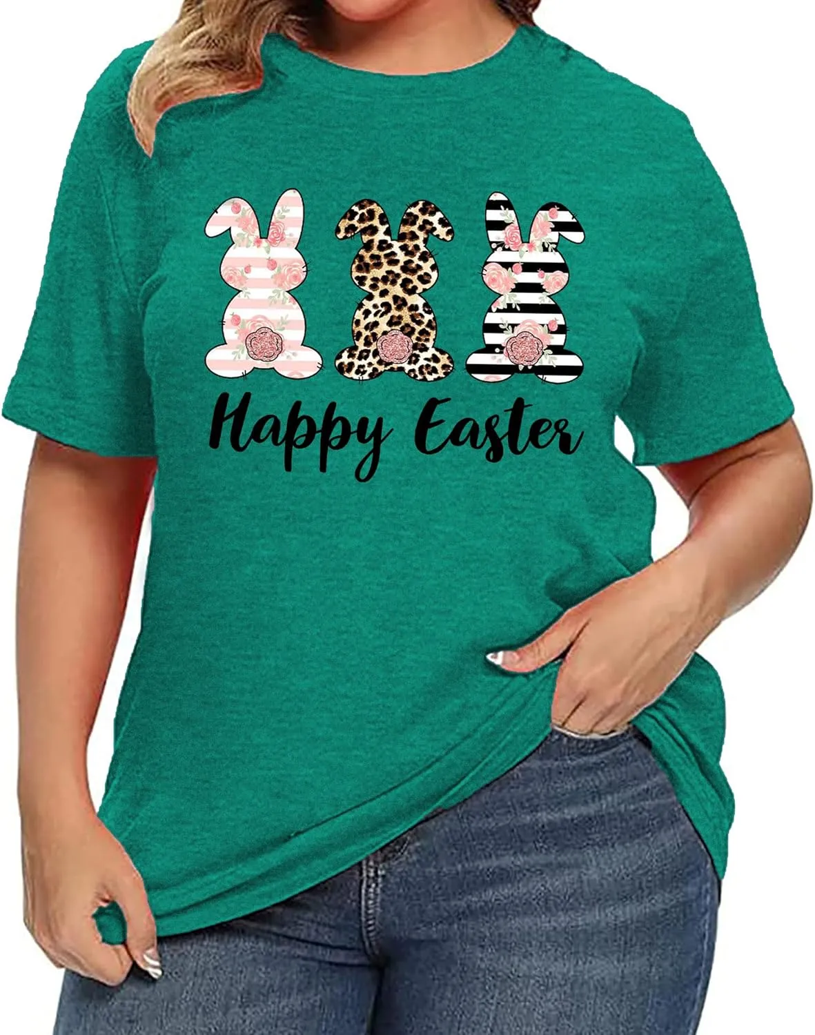 Plus Size Happy Easter Shirt for Women Funny Bunny Rabbit T Shirt Easter Holiday Tops Short Sleeve Tees