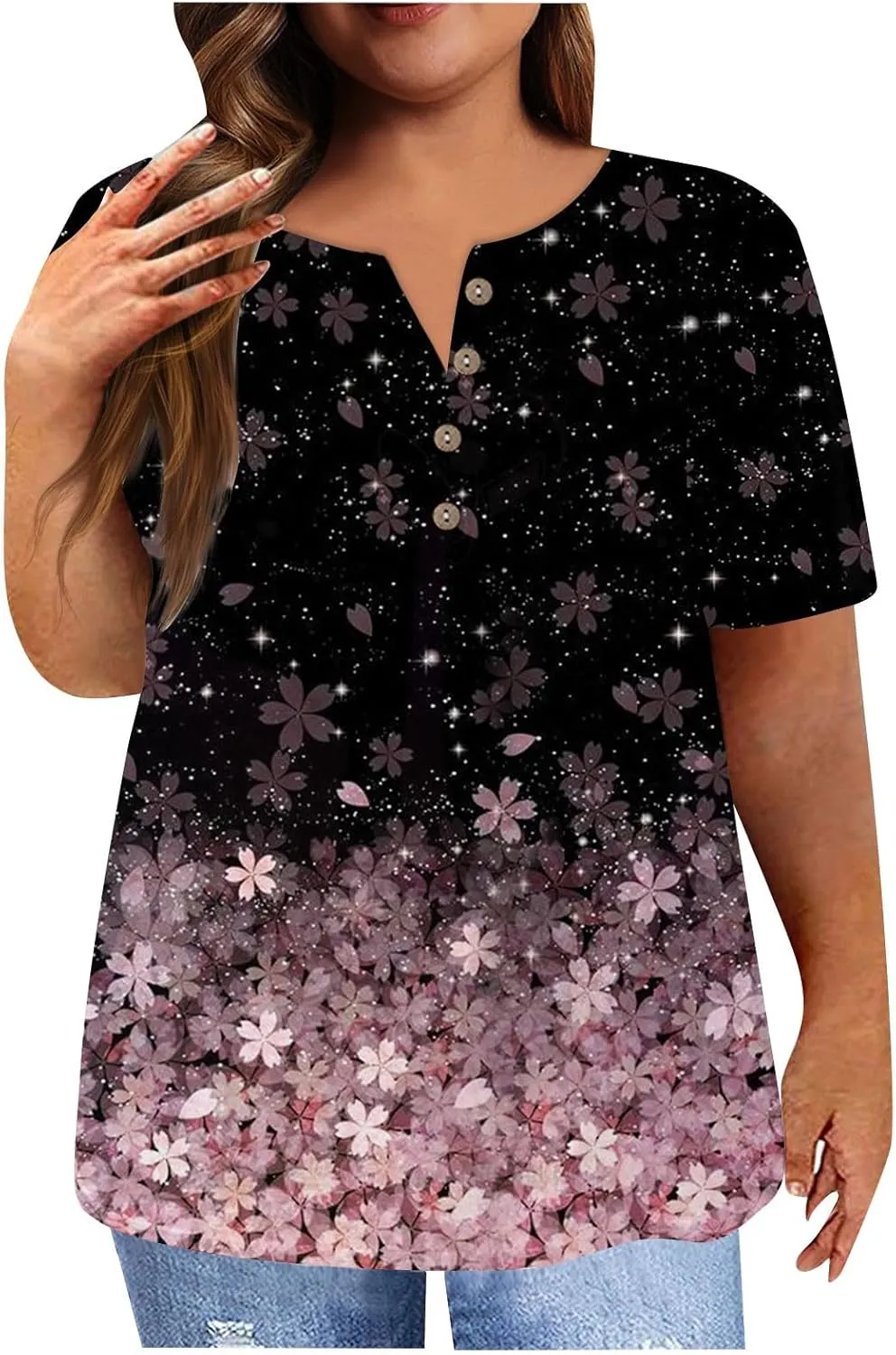 Plus Size Tops for Women Summer Ethnic Floral Classy Oversized T Shirts Short Sleeve Blouses & Button-Down Shirts