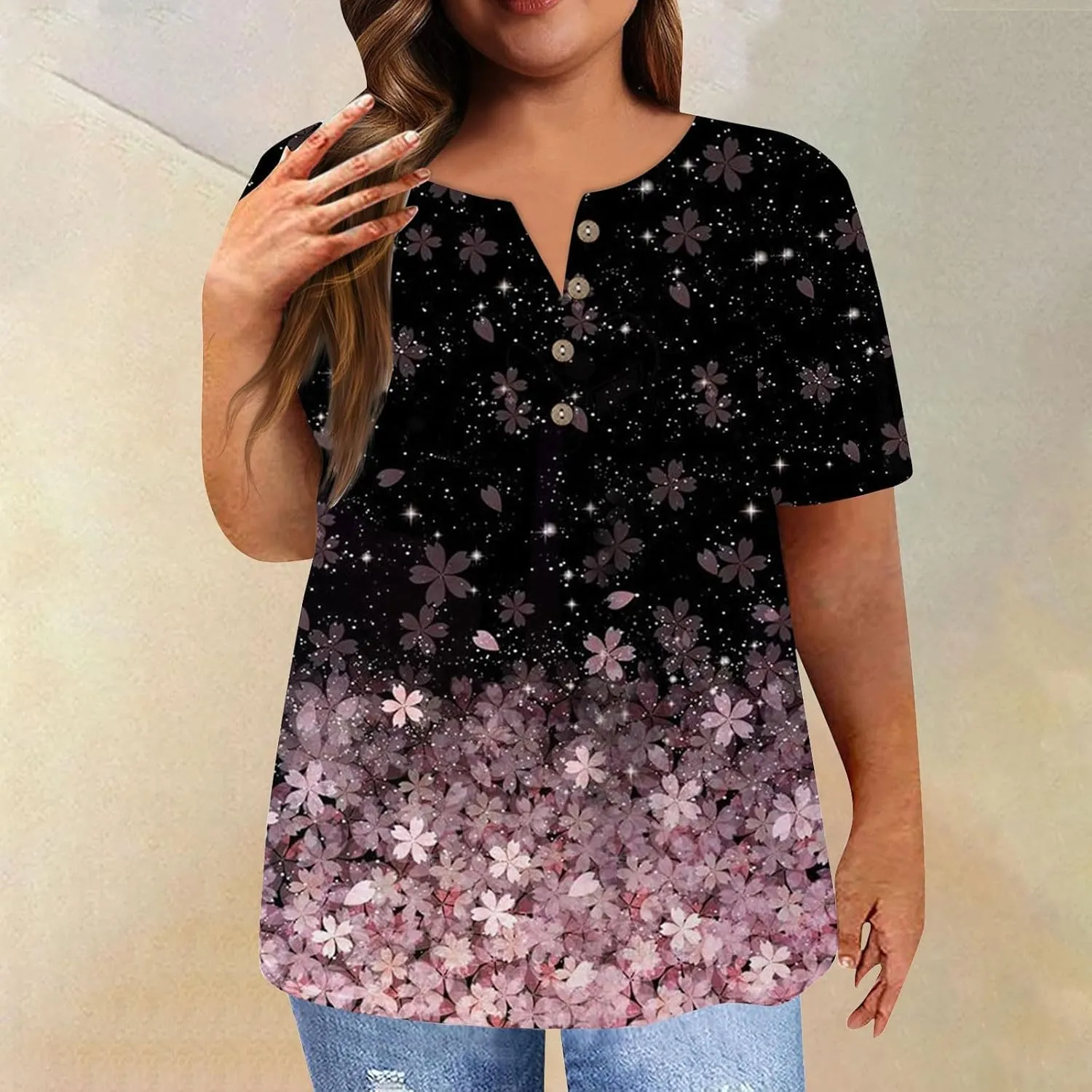 Plus Size Tops for Women Summer Ethnic Floral Classy Oversized T Shirts Short Sleeve Blouses & Button-Down Shirts