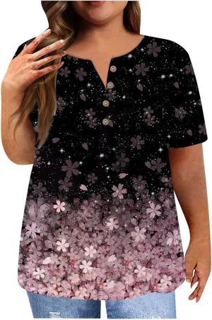 Plus Size Tops for Women Summer Ethnic Floral Classy Oversized T Shirts Short Sleeve Blouses & Button-Down Shirts