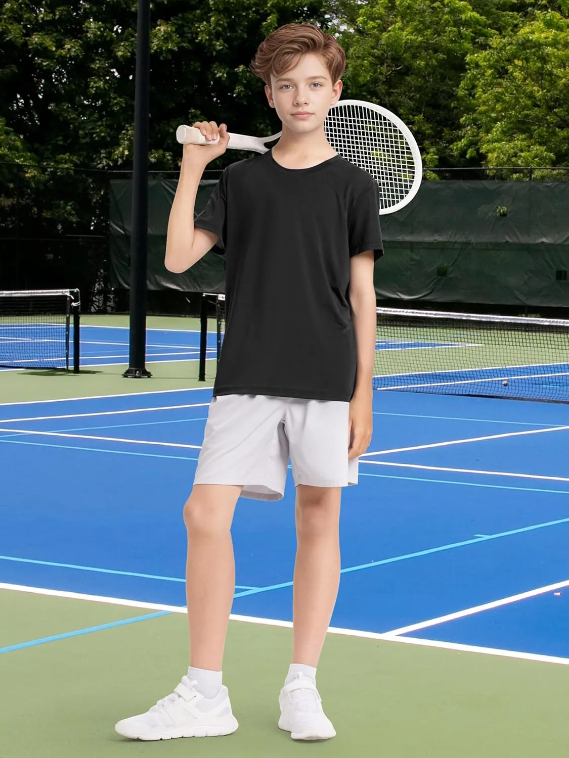 Poroka 5 Packs Boys Shirts Youth Mesh Quick Dry-Fit Athletic Performance T-Shirt Moisture Wicking Active Shirts for Boys