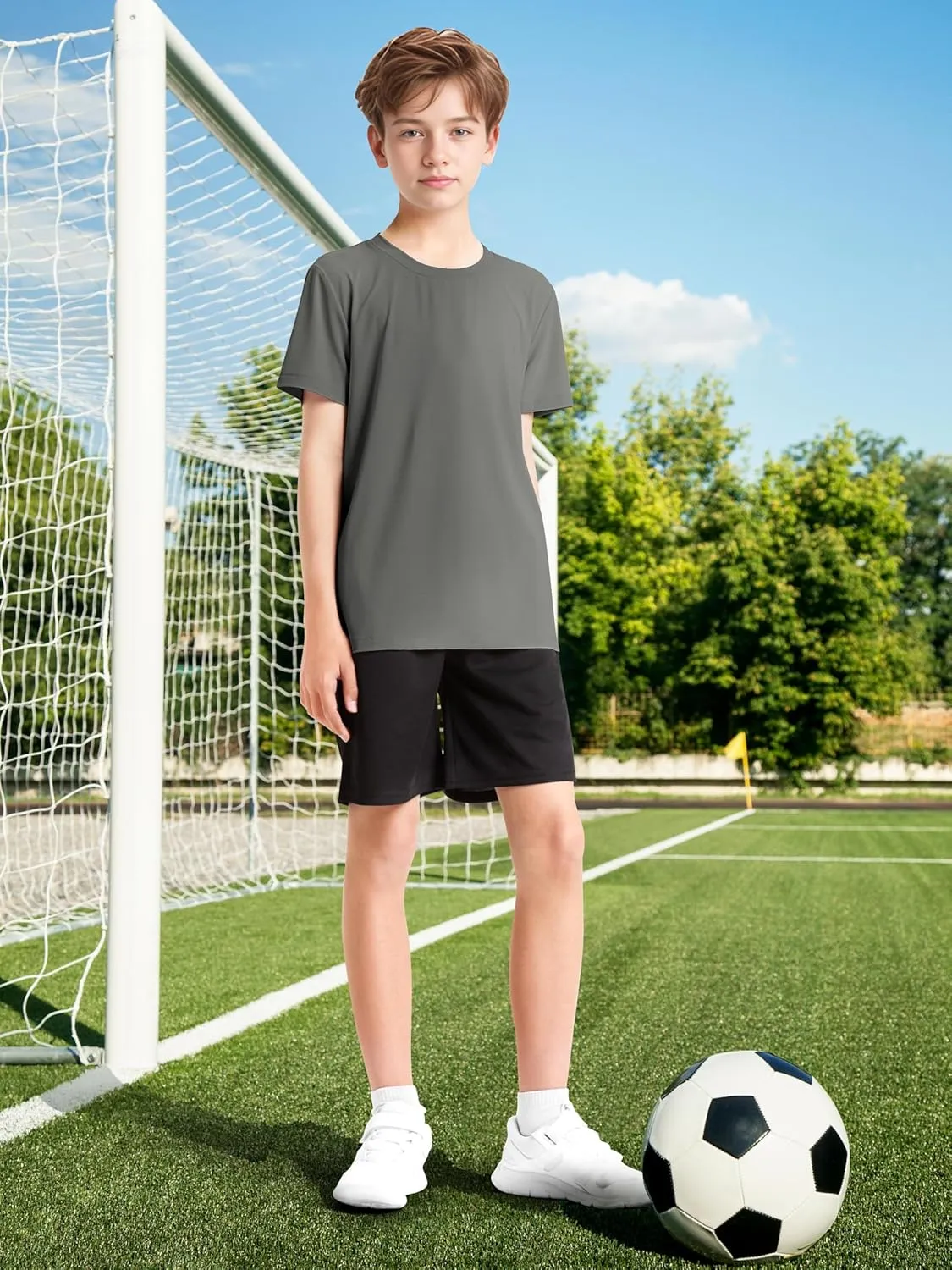 Poroka 5 Packs Boys Shirts Youth Mesh Quick Dry-Fit Athletic Performance T-Shirt Moisture Wicking Active Shirts for Boys