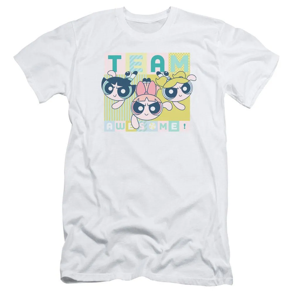Powerpuff Girls Team Awesome Block Adult Fitted White T-Shirt