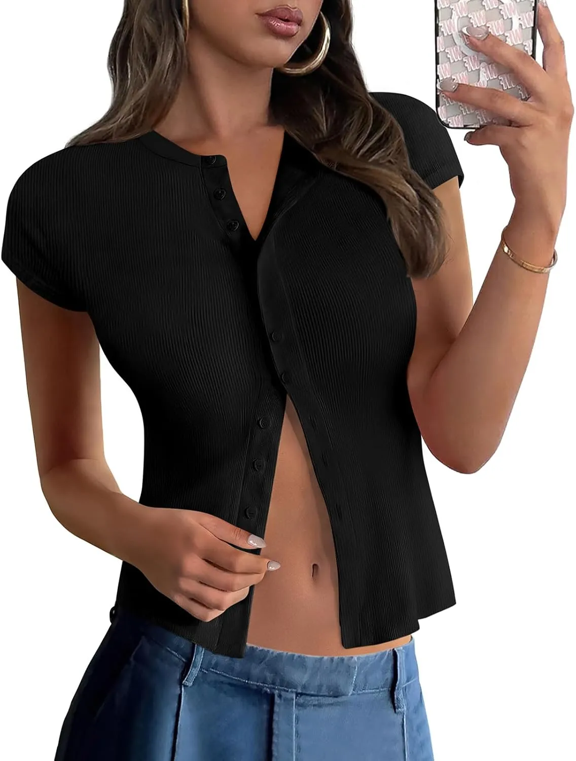 PRETTYGARDEN Women's Short Sleeve Summer Tops 2025 Trendy Ribbed Knit Button Up Tight Basic Tees Shirts Going Out Y2K Clothes
