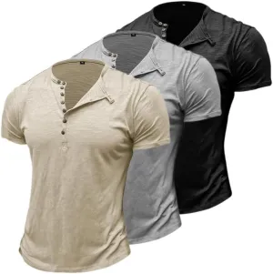 prigridche 3 Pack Oversized Summer Henley T-Shirts Cotton Tee Loose Fit Short Sleeve Casual Solid Colors Shirts for Men