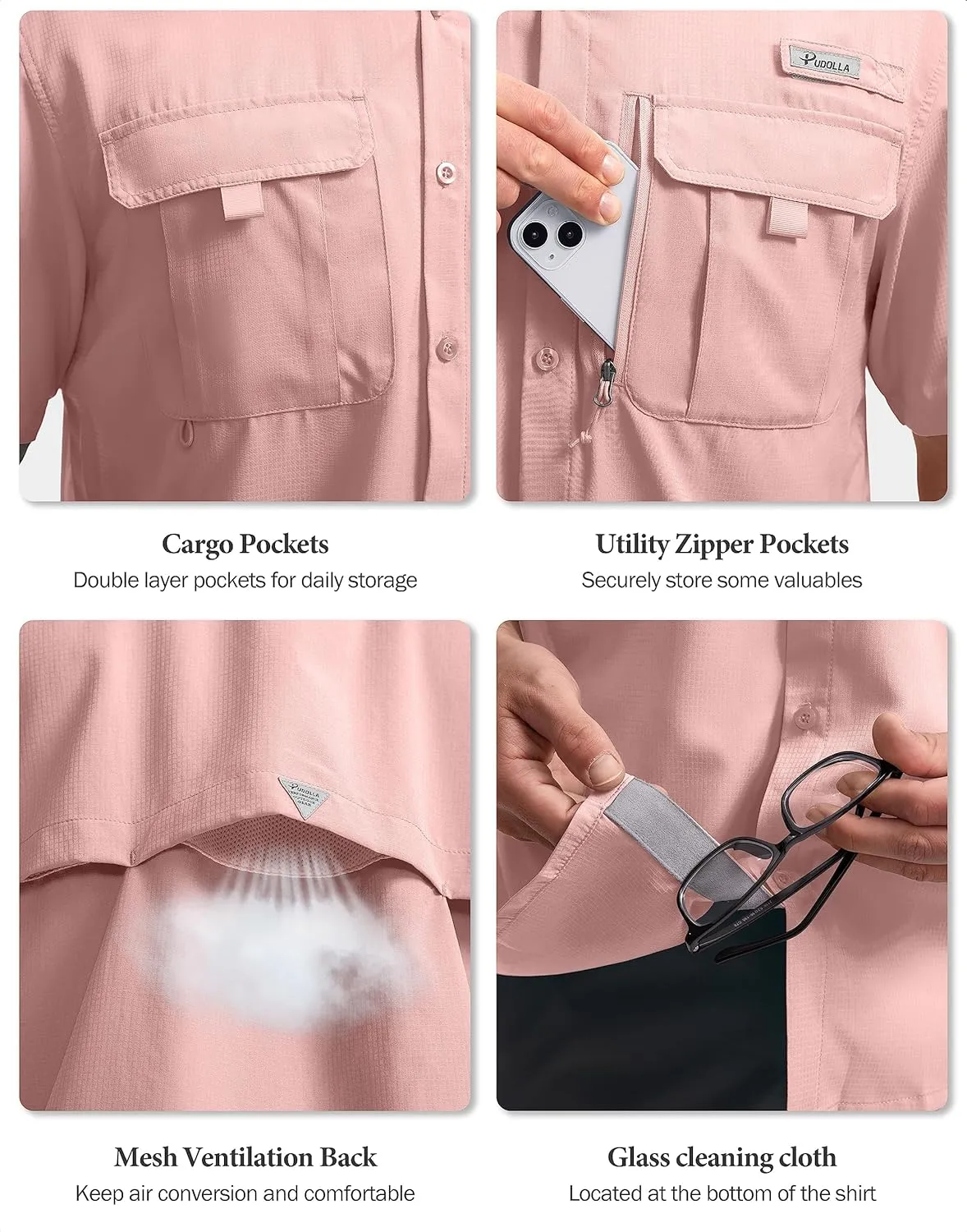 Pudolla Men's Fishing Shirts with Short Sleeves, Summer Travel Work Shirts, Button Down with UPF50  and Zipper Pockets