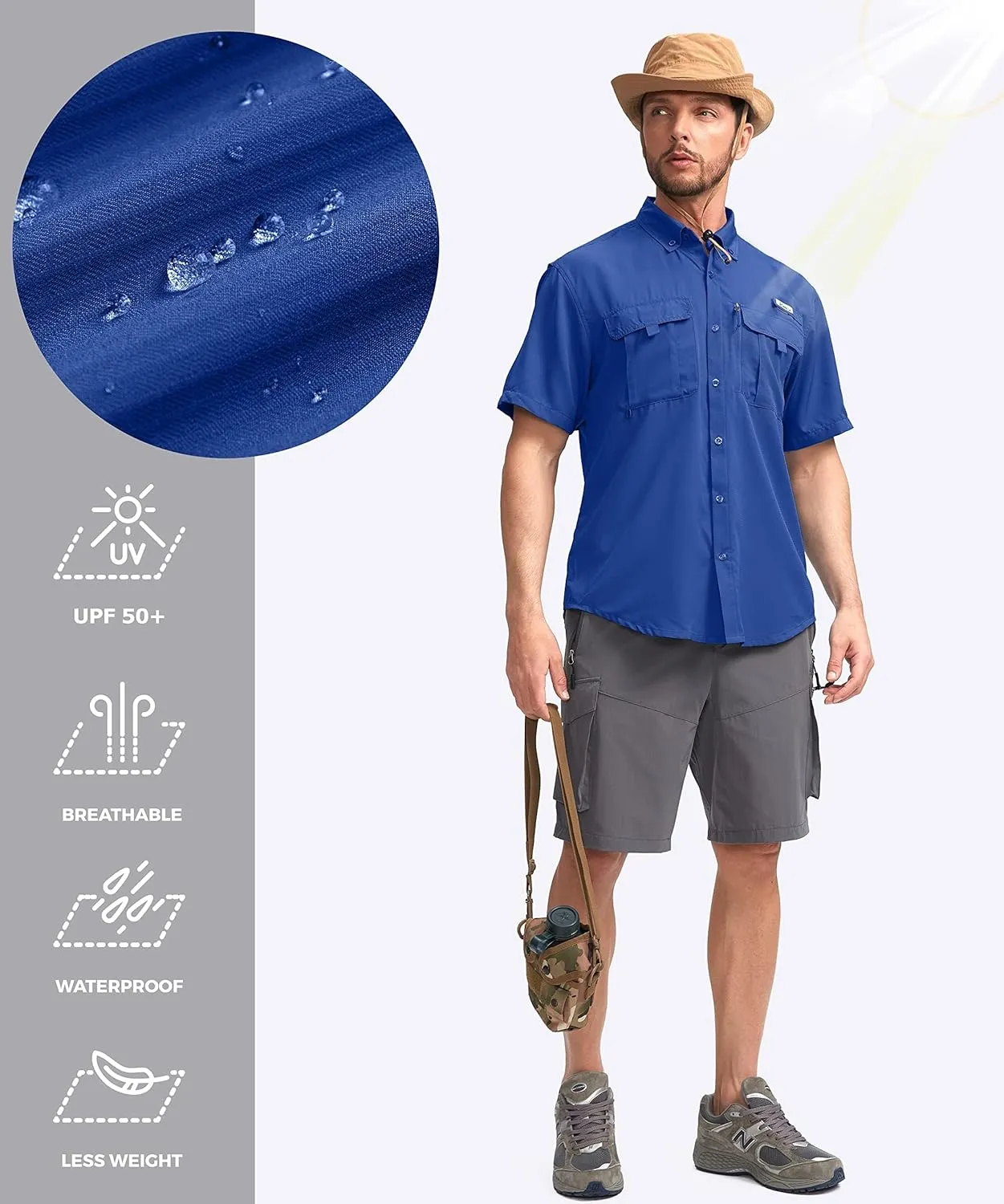 Pudolla Men's Fishing Shirts with Short Sleeves, Summer Travel Work Shirts, Button Down with UPF50  and Zipper Pockets