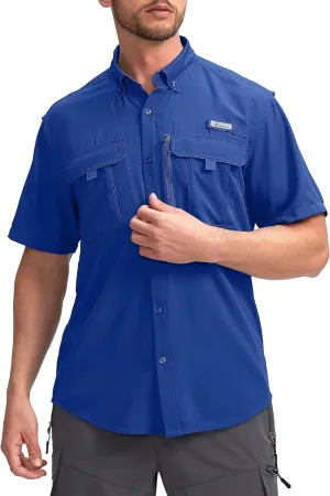 Pudolla Men's Fishing Shirts with Short Sleeves, Summer Travel Work Shirts, Button Down with UPF50  and Zipper Pockets