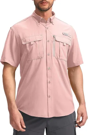 Pudolla Men's Fishing Shirts with Short Sleeves, Summer Travel Work Shirts, Button Down with UPF50  and Zipper Pockets