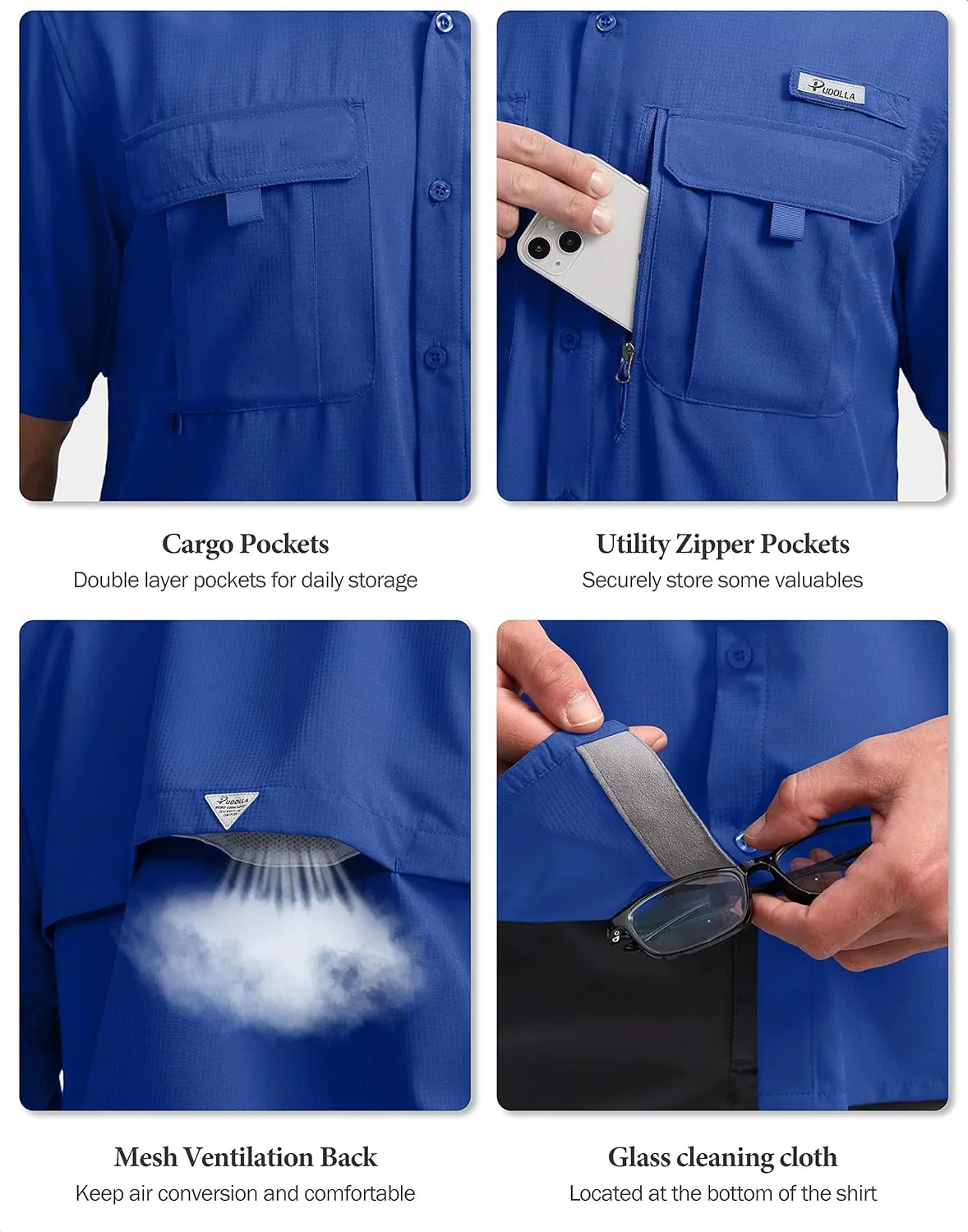 Pudolla Men's Fishing Shirts with Short Sleeves, Summer Travel Work Shirts, Button Down with UPF50  and Zipper Pockets