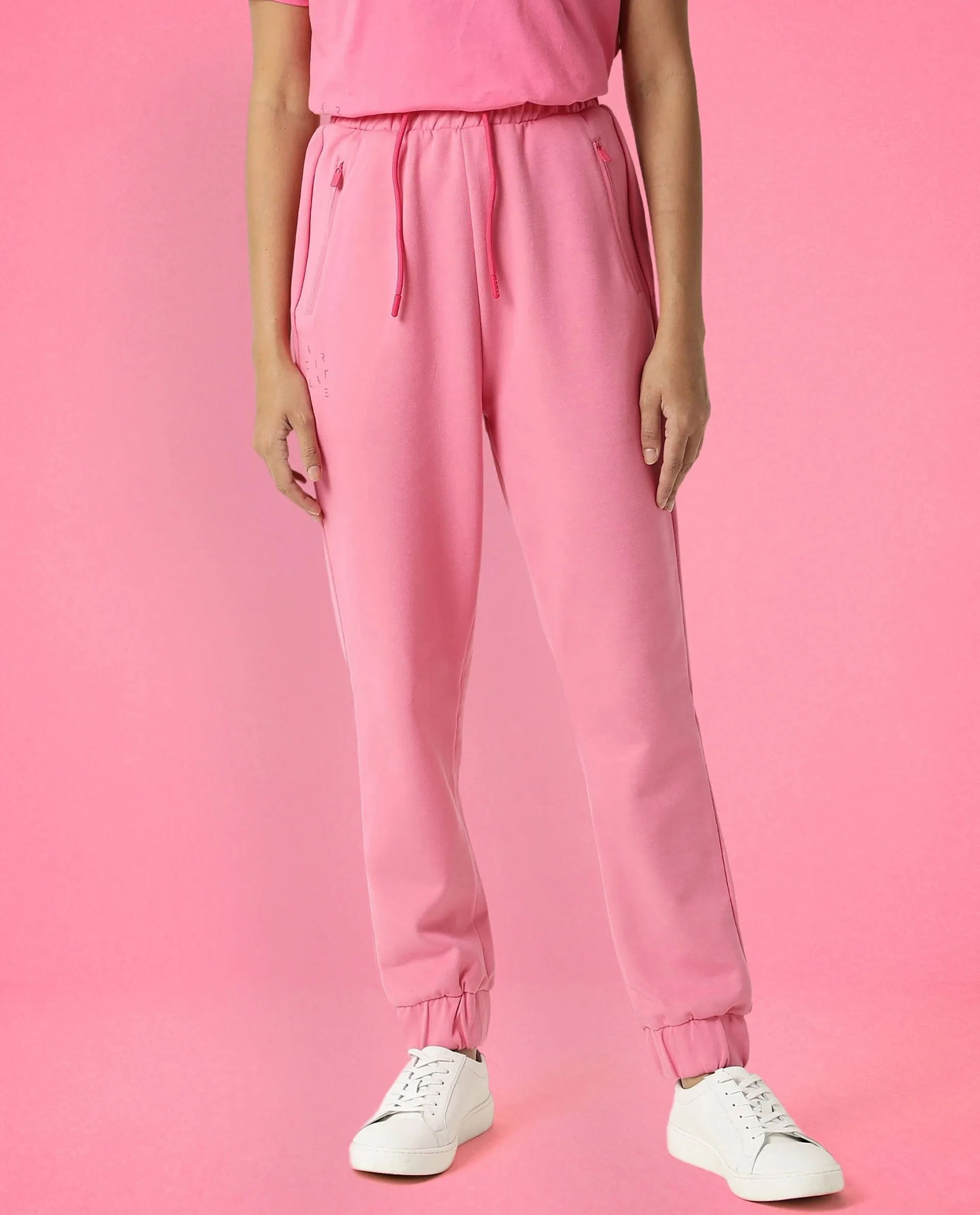 Rareism Women Creta Flouroscent Pink Cotton Blend Fabric Relaxed Fit Solid Mid Rise Ankle Length Track Pant