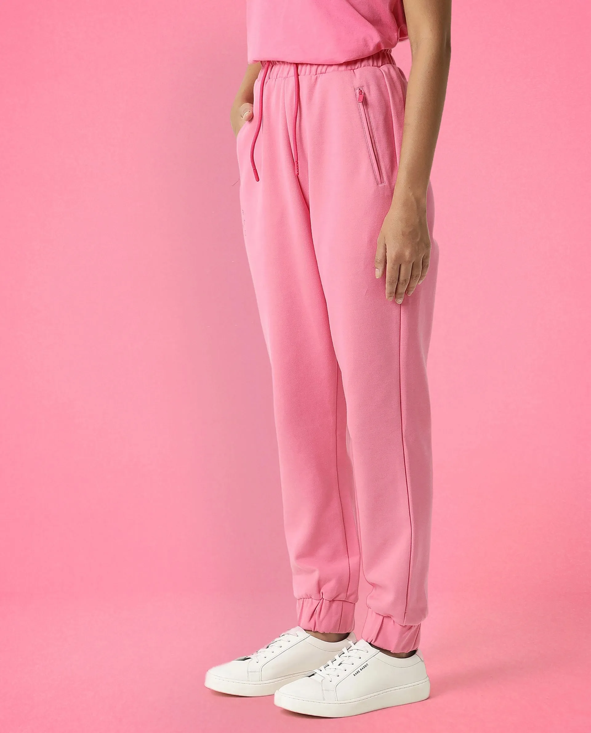 Rareism Women Creta Flouroscent Pink Cotton Blend Fabric Relaxed Fit Solid Mid Rise Ankle Length Track Pant