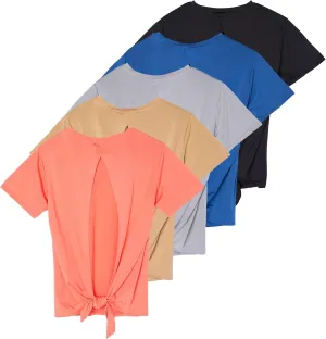 Real Essentials 5 Pack: Women's Short Sleeve Open Back Tie Back Dry-Fit T-Shirt Yoga Gym Workout Top