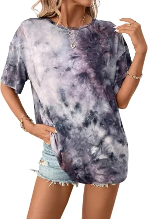 Remidoo Women's Casual Crewneck Short Sleeve Tie Dye Oversized T Shirt Graphic Tee Top