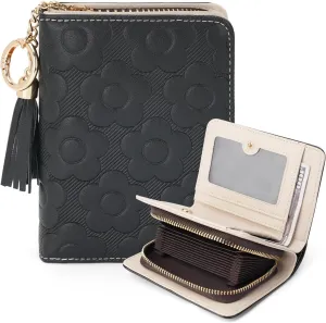 RFID Blocking Wallet Women Cute Embossed Floral Leather Credit Card Holder Wallet for Women with Tassel Accordion Purse Bifold Ladies Small Womens Wallets with Zipper Coin Pocket Black