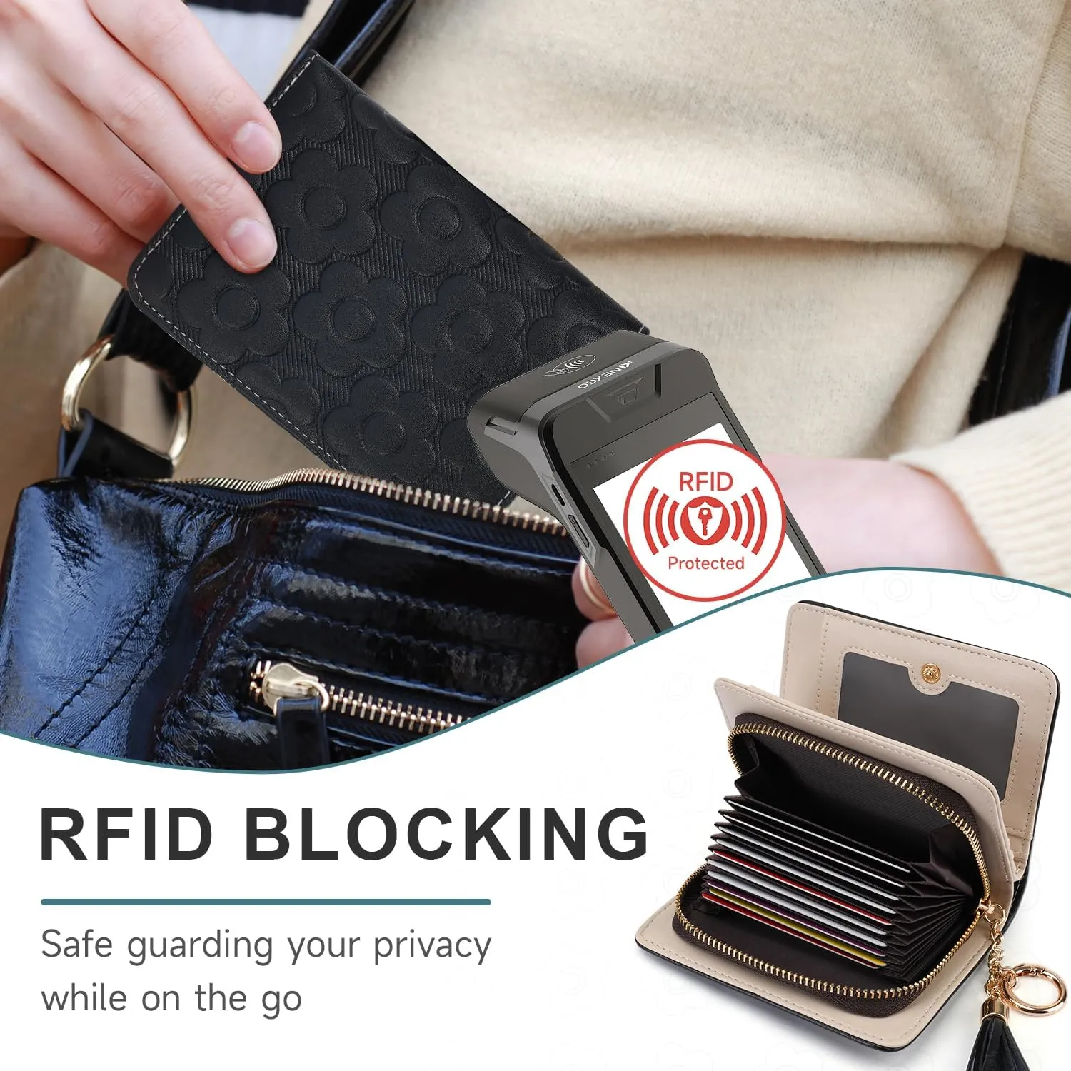 RFID Blocking Wallet Women Cute Embossed Floral Leather Credit Card Holder Wallet for Women with Tassel Accordion Purse Bifold Ladies Small Womens Wallets with Zipper Coin Pocket Black