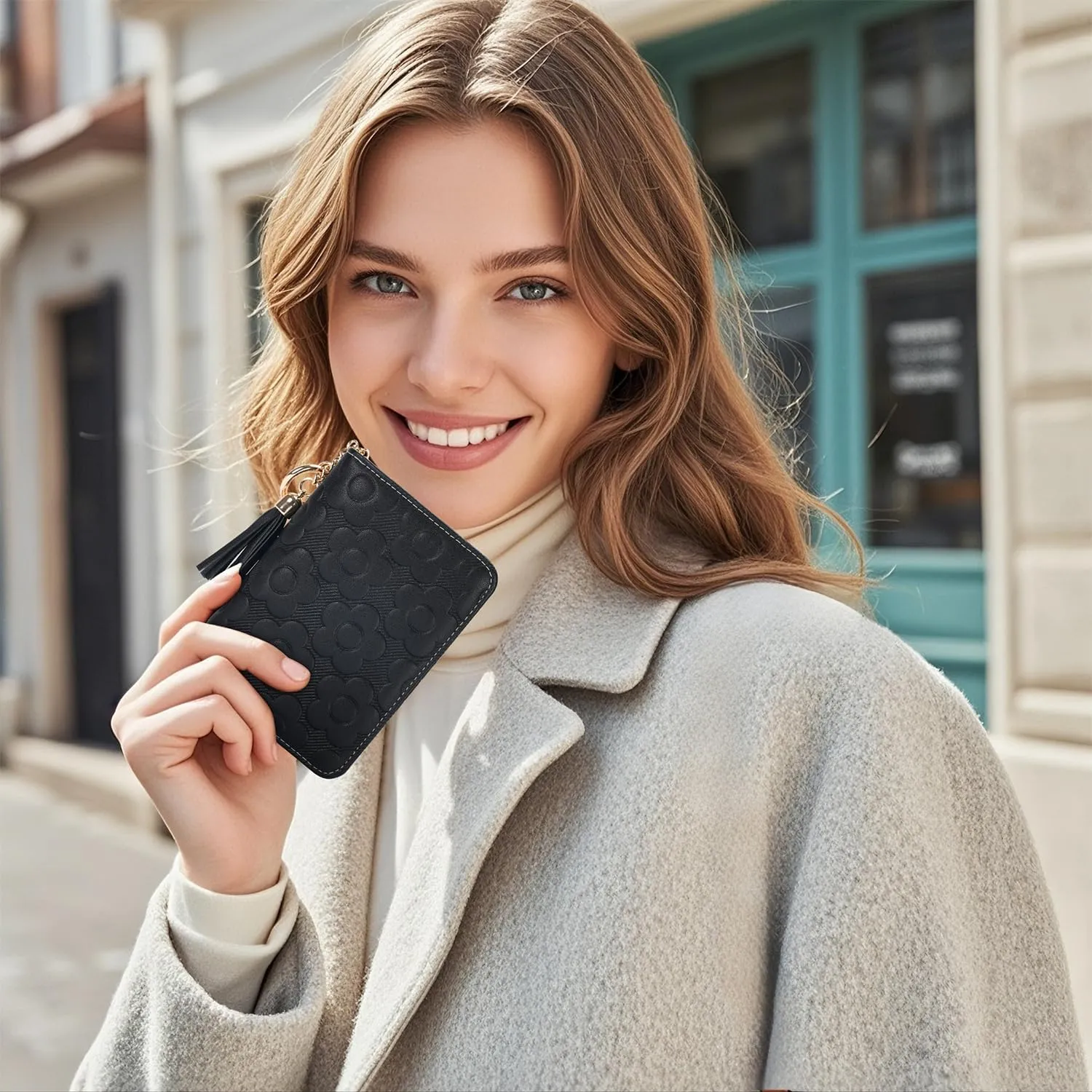 RFID Blocking Wallet Women Cute Embossed Floral Leather Credit Card Holder Wallet for Women with Tassel Accordion Purse Bifold Ladies Small Womens Wallets with Zipper Coin Pocket Black