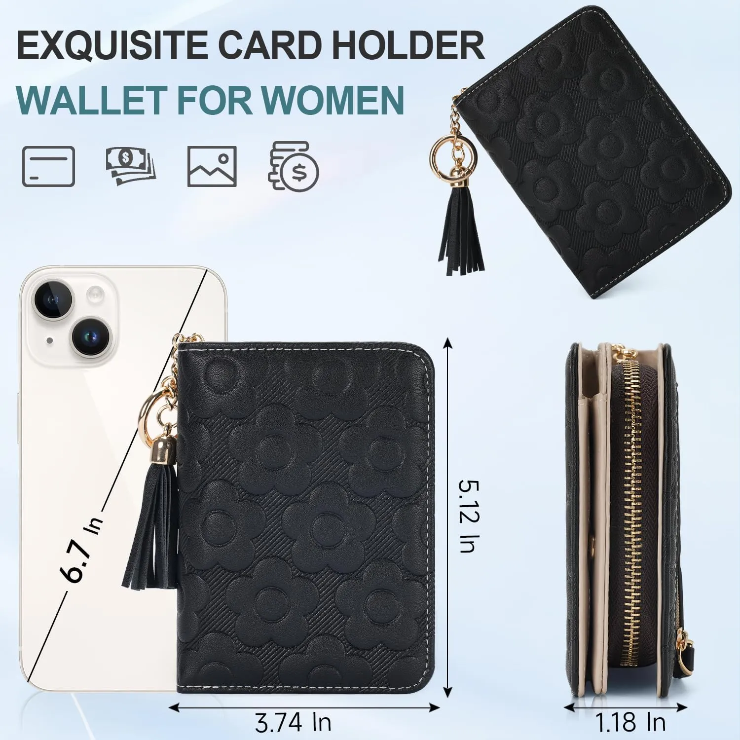 RFID Blocking Wallet Women Cute Embossed Floral Leather Credit Card Holder Wallet for Women with Tassel Accordion Purse Bifold Ladies Small Womens Wallets with Zipper Coin Pocket Black