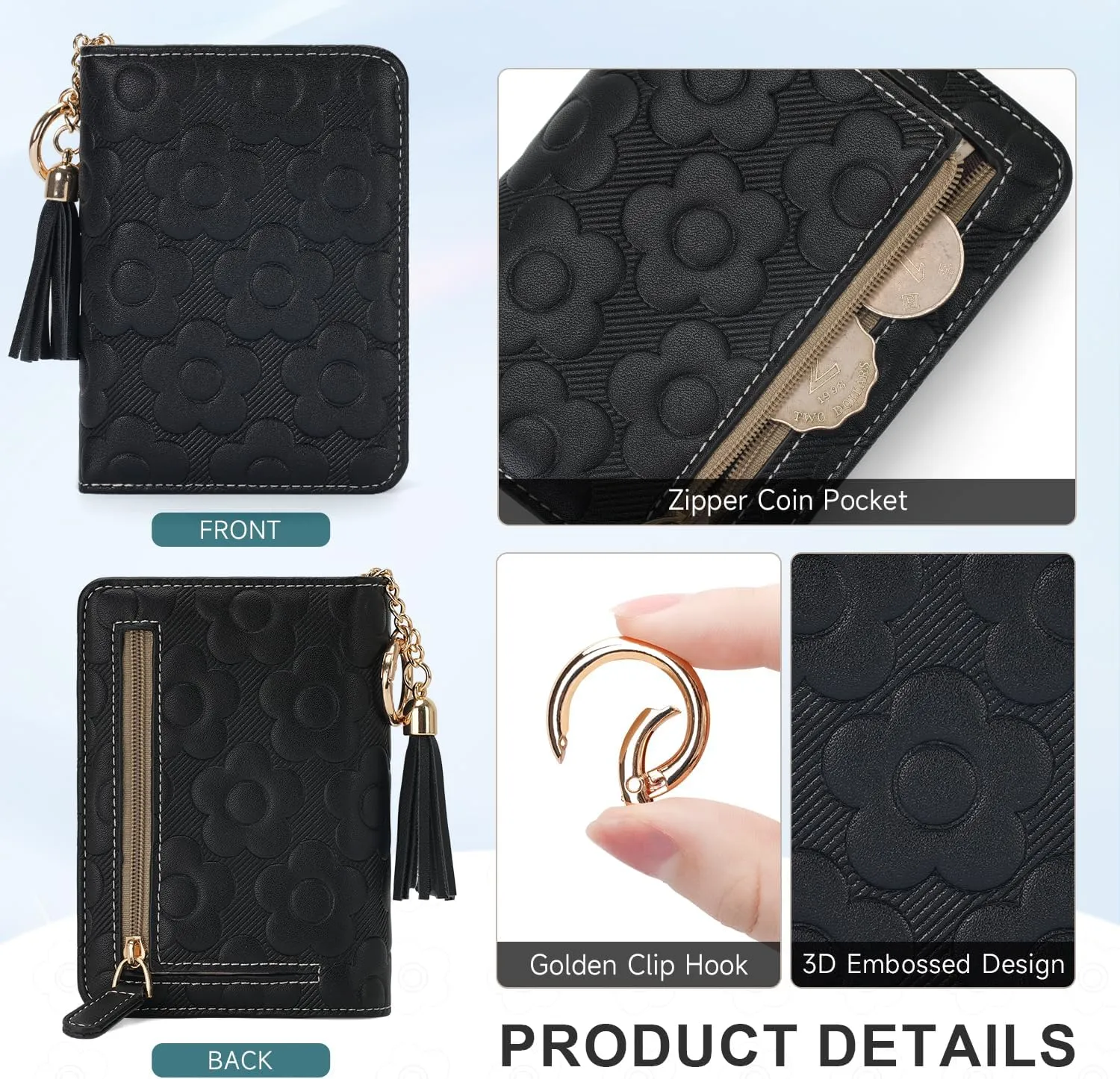 RFID Blocking Wallet Women Cute Embossed Floral Leather Credit Card Holder Wallet for Women with Tassel Accordion Purse Bifold Ladies Small Womens Wallets with Zipper Coin Pocket Black