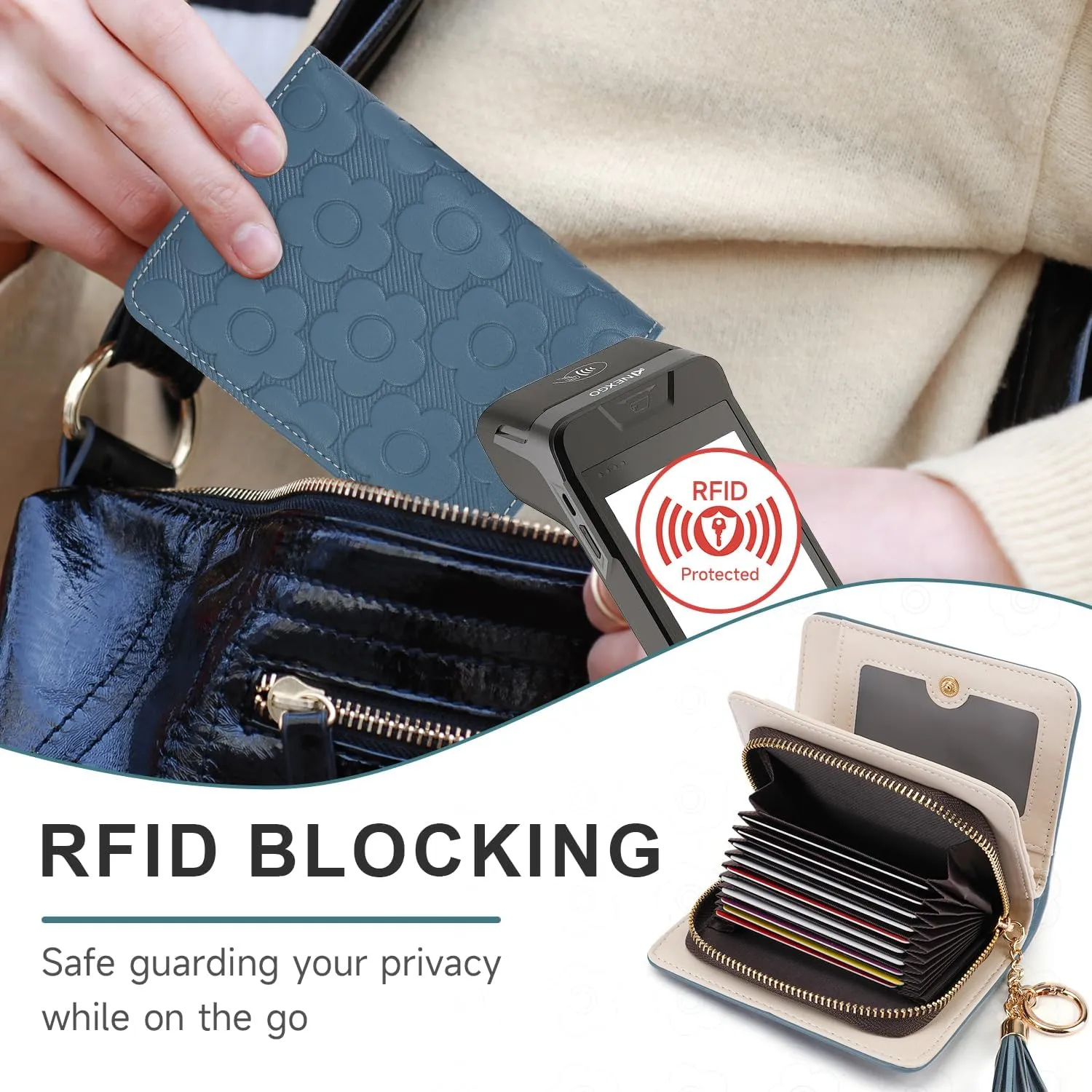 RFID Blocking Wallet Women Cute Embossed Floral Leather Credit Card Holder Wallet for Women with Tassel Accordion Purse Bifold Ladies Small Womens Wallets with Zipper Coin Pocket Peacock- Blue
