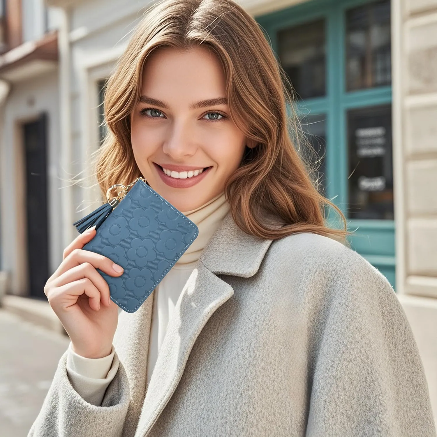 RFID Blocking Wallet Women Cute Embossed Floral Leather Credit Card Holder Wallet for Women with Tassel Accordion Purse Bifold Ladies Small Womens Wallets with Zipper Coin Pocket Peacock- Blue