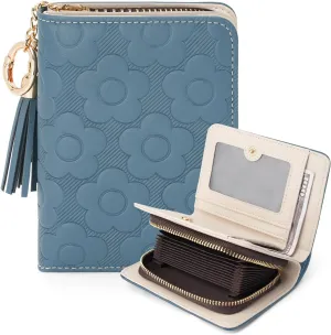 RFID Blocking Wallet Women Cute Embossed Floral Leather Credit Card Holder Wallet for Women with Tassel Accordion Purse Bifold Ladies Small Womens Wallets with Zipper Coin Pocket Peacock- Blue