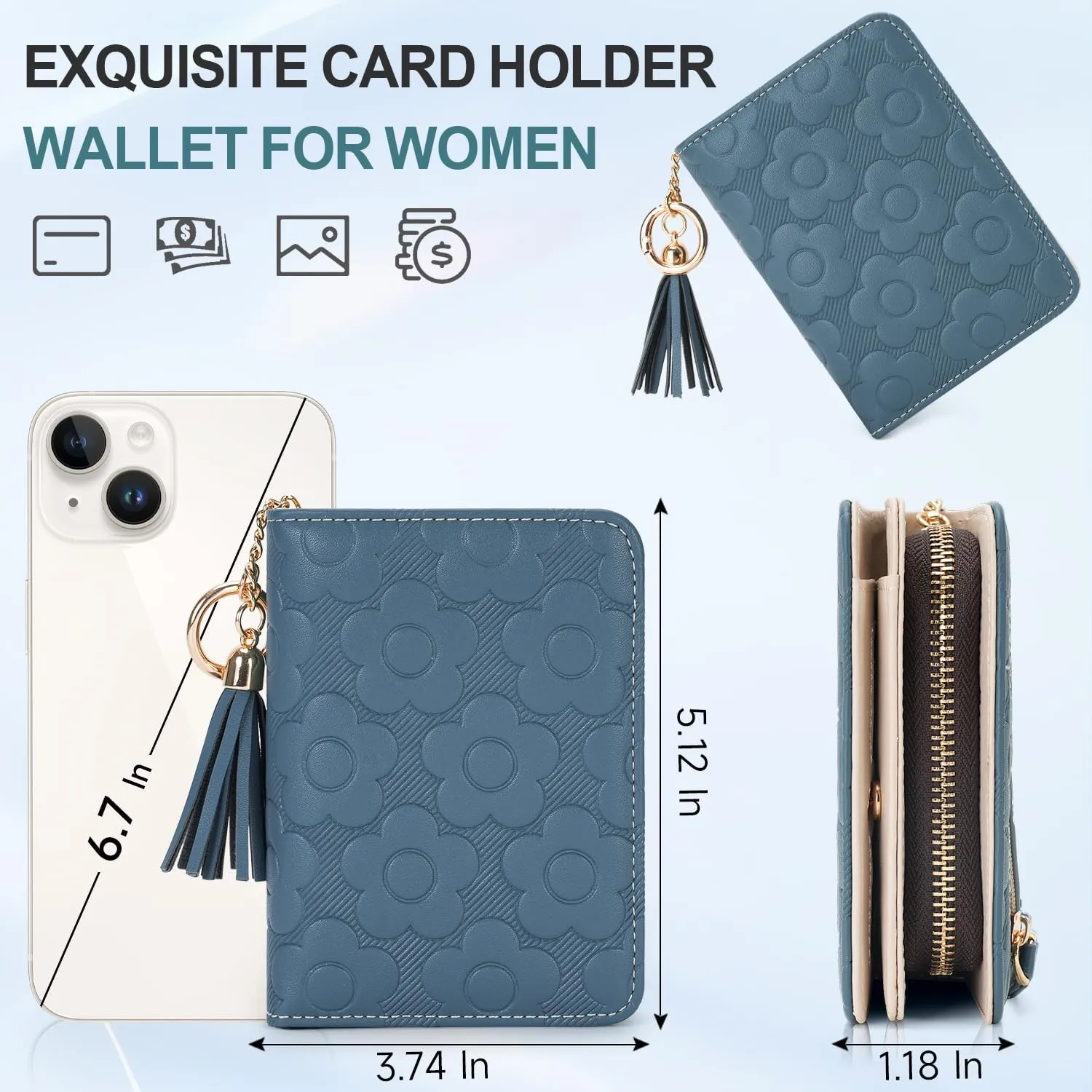 RFID Blocking Wallet Women Cute Embossed Floral Leather Credit Card Holder Wallet for Women with Tassel Accordion Purse Bifold Ladies Small Womens Wallets with Zipper Coin Pocket Peacock- Blue